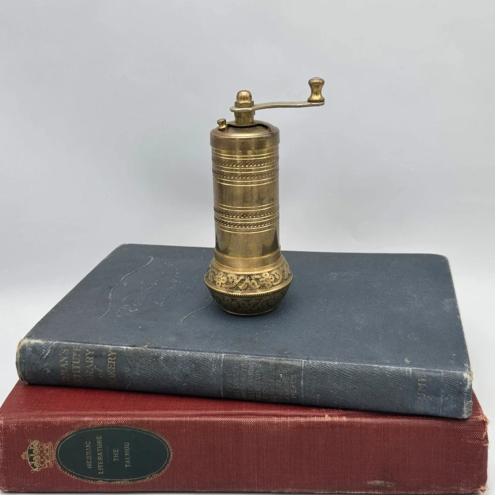 Vintage Brass Turkish Spice Pepper Mill Grinder Hand Crank Ornate Etched Design